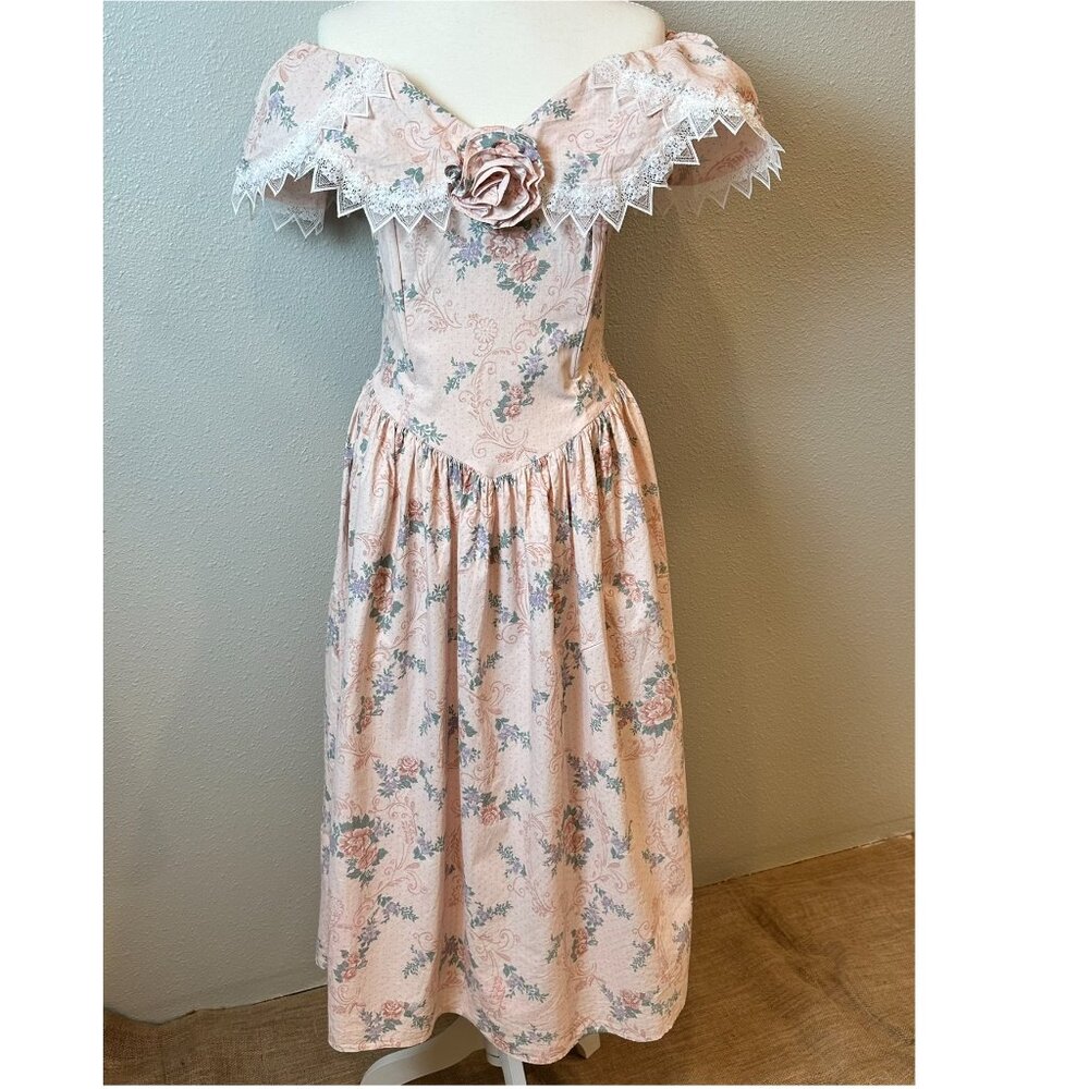 VTG Gunne Sax Jessica McClintock Milkmaid Prairie Floral Lace Open Back Dress XS